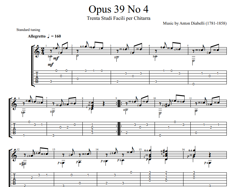 Anton Diabelli - Opus 39 No 4 sheet music for guitar tab